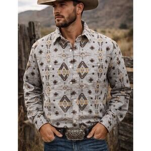 Men’s Sz XL Aztec Geometric Gray Cotton Button Down Shirt Made USA NWOT Navajo